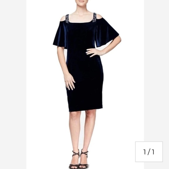 Alex Evenings Black Velvet Cold Shoulder Beaded Jewel Sheath Dress Size 6 - Picture 1 of 12